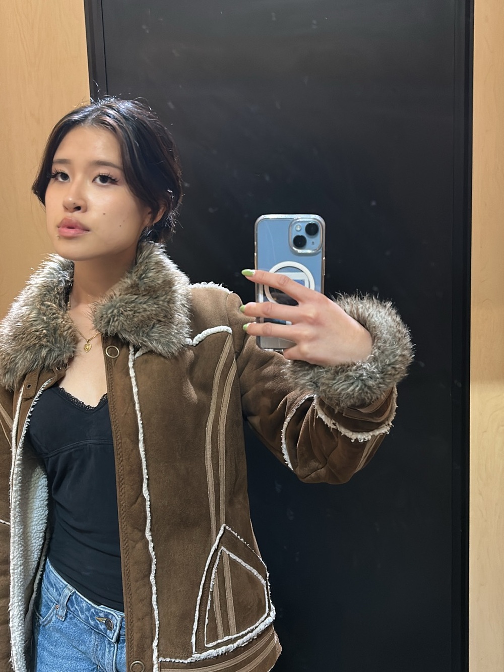 Brown Faux Shearling Trim Jacket - Women